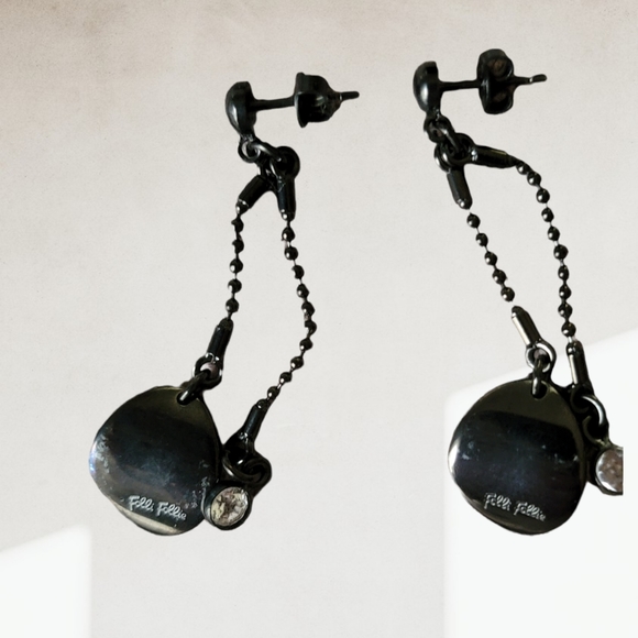 FOLLI FOLLIE| BLACK ENAMEL DANGLE EARRINGS W/ RHINESTONE DROPS - Picture 9 of 11